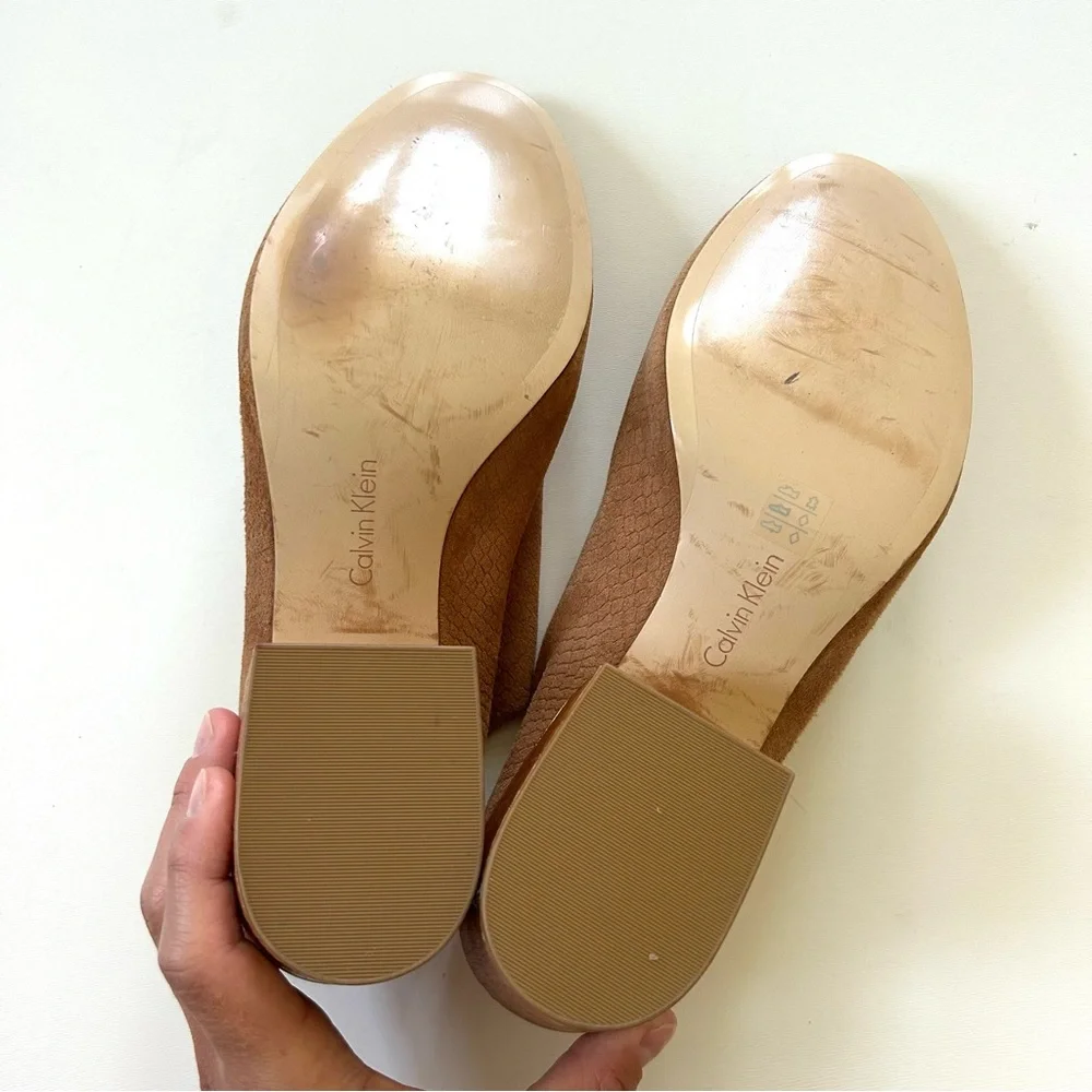 Calvin Klein Cognac Brown Leather Suede Snakeskin Embossed Heeled Judia Mules - Picture 7 of 11